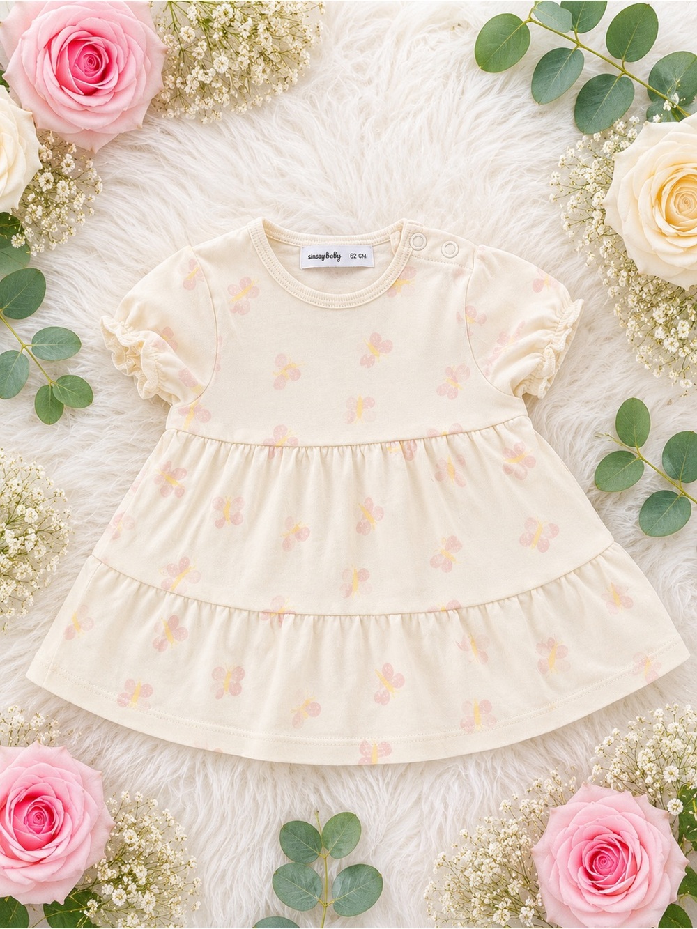 Cream Tiered Baby Dress with Pink Butterfly Print